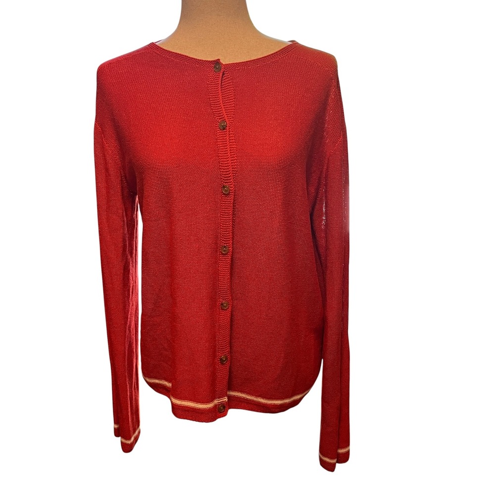 Uniqlo Ines de la Fressange Cardigan Women L Rust Red Linen Blend Button Sweater
